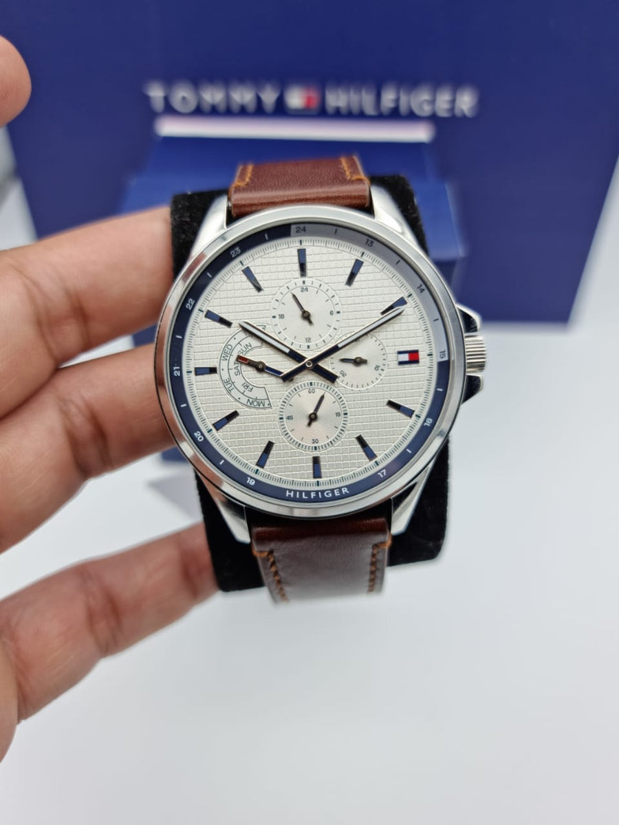 Tommy Hilfiger Multi Function Quartz White Dial Brown Leather Strap Watch for Men - 1791614