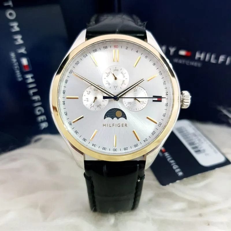 Tommy Hilfiger Oliver Analog Silver Dial Black Leather Strap Watch for Men - 1791305