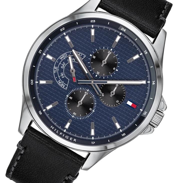 Tommy Hilfiger Shawn Multifunction Quartz Blue Dial Black Leather Strap Watch for Men - 1791616