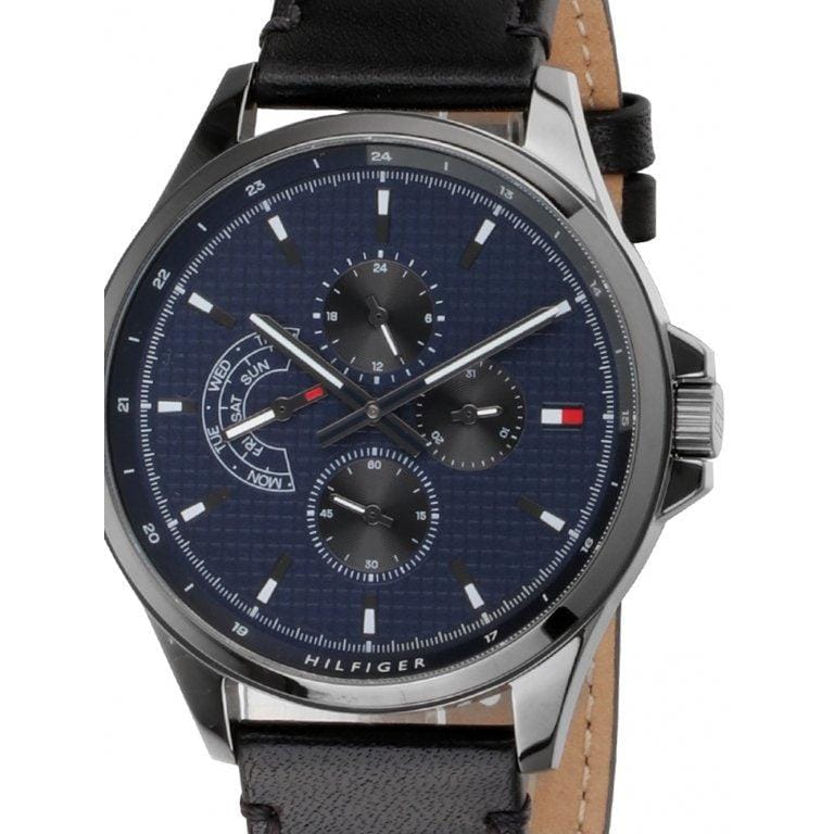 Tommy Hilfiger Shawn Multifunction Quartz Blue Dial Black Leather Strap Watch for Men - 1791616