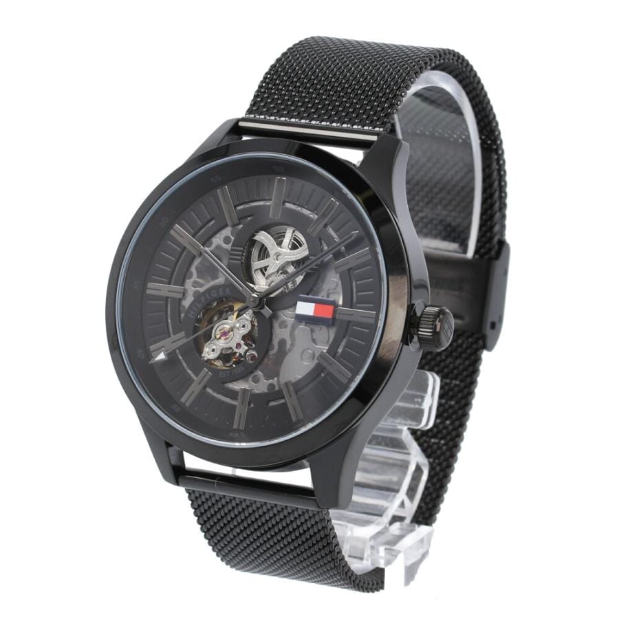 Tommy Hilfiger Spencer Skeleton Black Dial Black Mesh Bracelet Watch for Men - 1791644