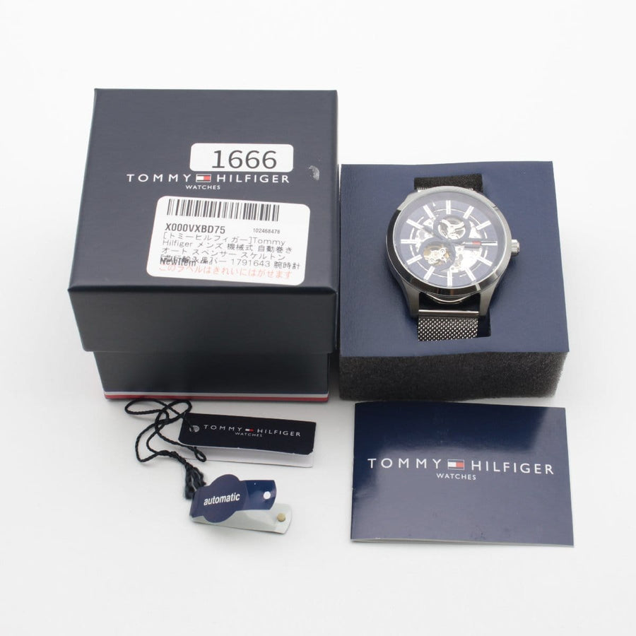Tommy Hilfiger Spencer Skeleton Black Dial Silver Mesh Bracelet Watch for Men - 1791643