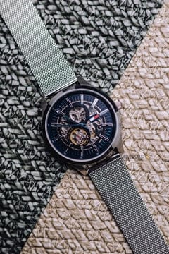 Tommy Hilfiger Spencer Skeleton Black Dial Silver Mesh Bracelet Watch for Men - 1791643
