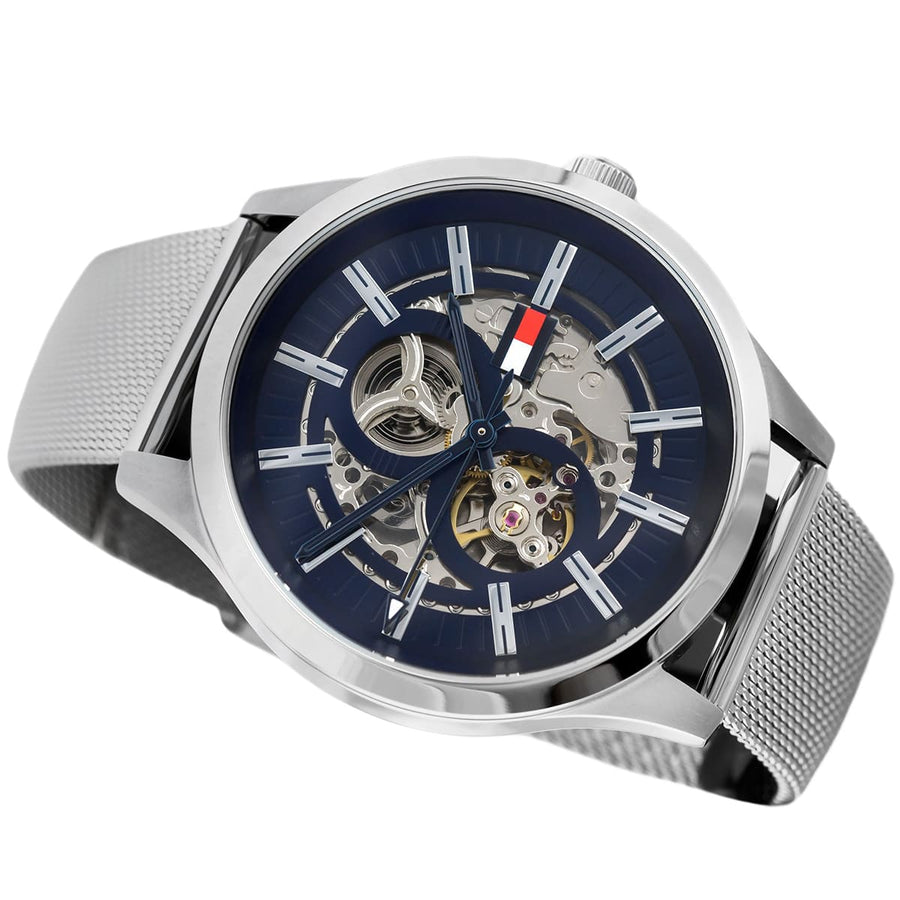 Tommy Hilfiger Spencer Skeleton Black Dial Silver Mesh Bracelet Watch for Men - 1791643