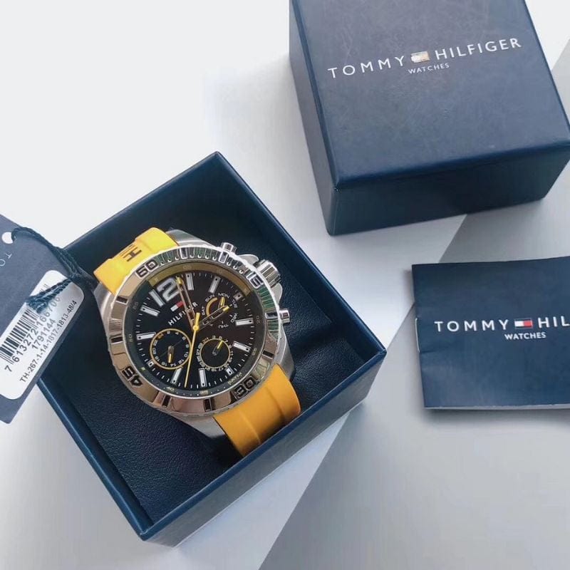 Tommy Hilfiger Sports Multifunction Black Dial Yellow Rubber Strap Watch for Men - 1791144
