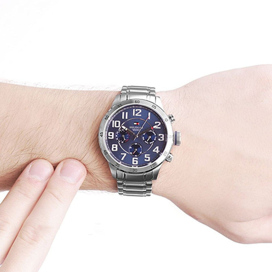 Tommy Hilfiger Trent Chronograph Blue Dial Silver Steel Strap Watch for Men - 1791053