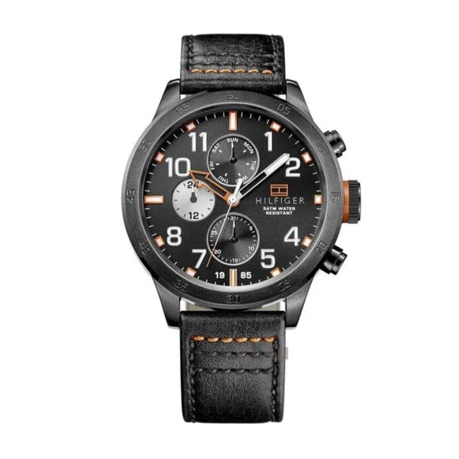 Tommy Hilfiger Trent Multifunction Black Dial Black Leather Strap Watch for Men - 1791136