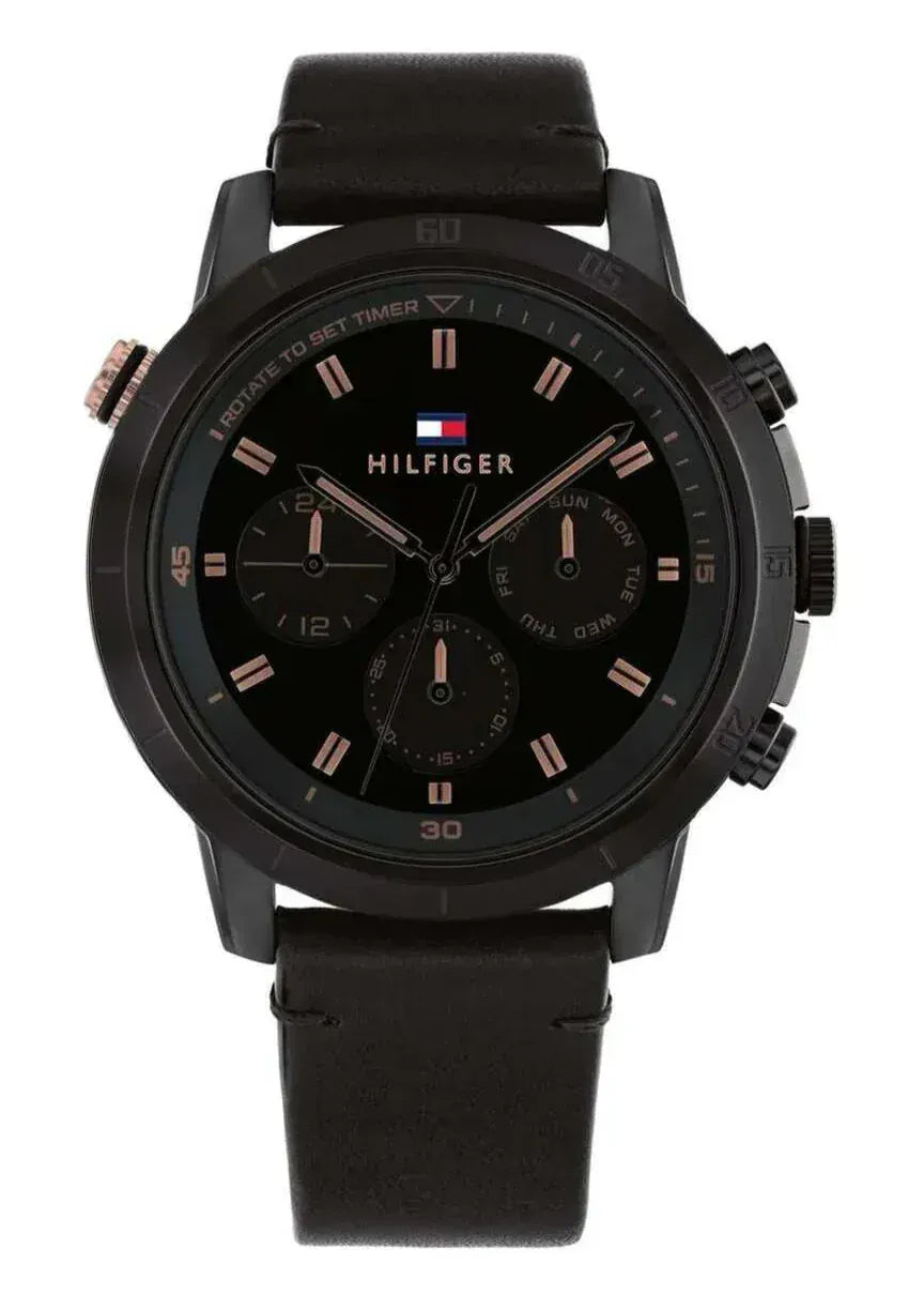 Tommy Hilfiger Troy Chronograph Black Dial Black Leather Strap Watch For Men - 1792110