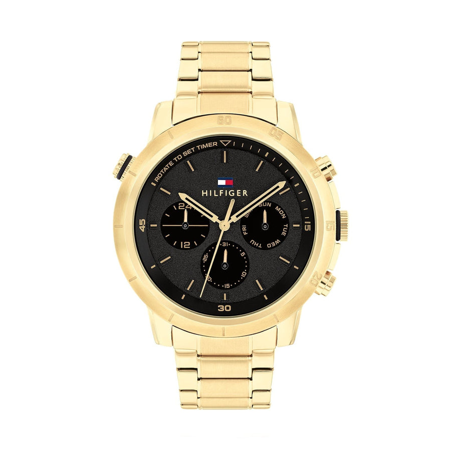 Tommy Hilfiger Troy Chronograph Black Dial Gold Steel Strap Watch For Men - 1792109