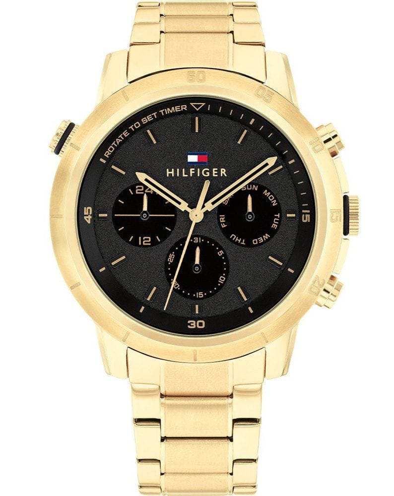 Tommy Hilfiger Troy Chronograph Black Dial Gold Steel Strap Watch For Men - 1792109