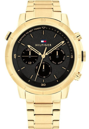 Tommy Hilfiger Troy Chronograph Black Dial Gold Steel Strap Watch For Men - 1792109