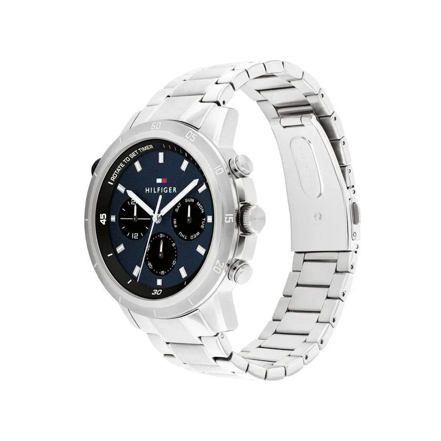 Tommy Hilfiger Troy Chronograph Blue Dial Silver Steel Strap Watch For Men - 1792104