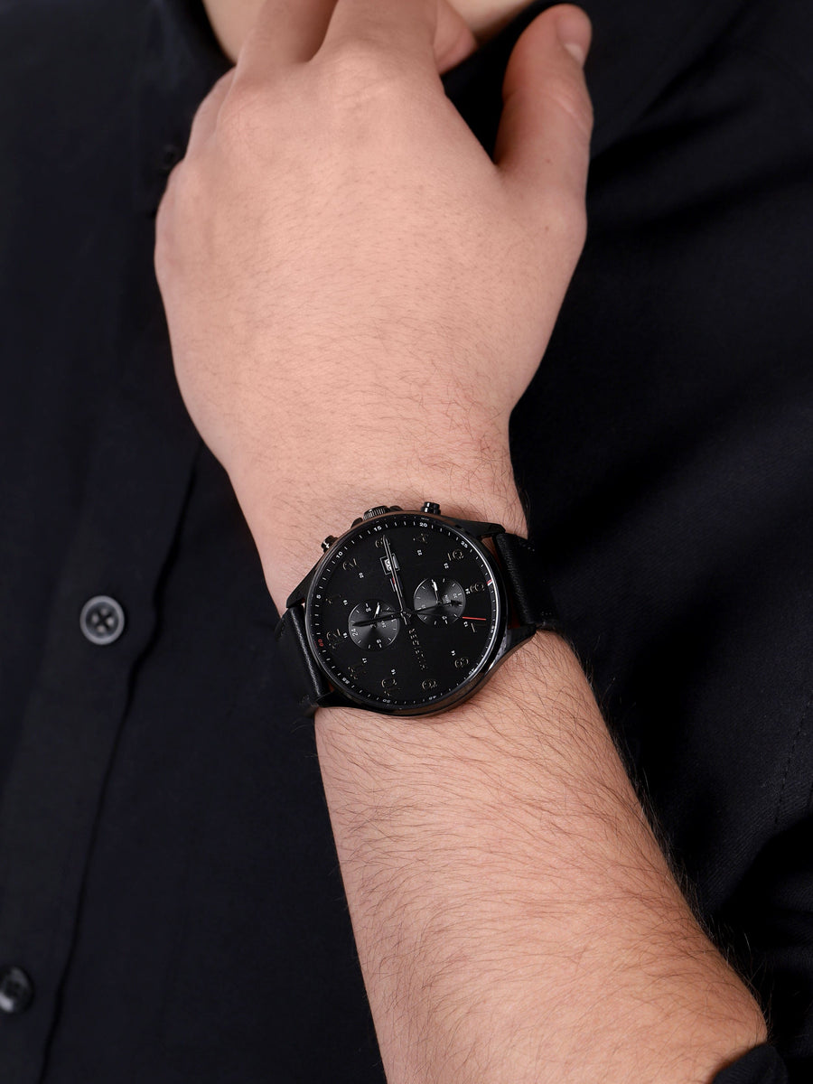 Tommy Hilfiger West Chronograph Black Dial Black Leather Strap Watch For Men - 1791711