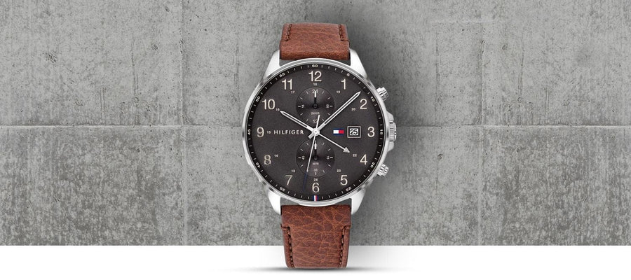 Tommy Hilfiger West Chronograph Grey Dial Brown Leather Strap Watch For Men - 1791710