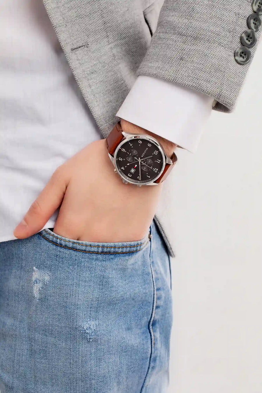 Tommy Hilfiger West Chronograph Grey Dial Brown Leather Strap Watch For Men - 1791710
