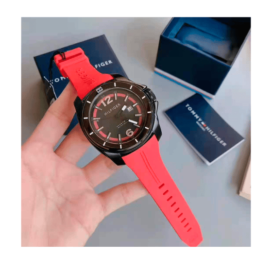Tommy Hilfiger Windsurf Black Dial Red Rubber Strap Watch for Men - 1791112
