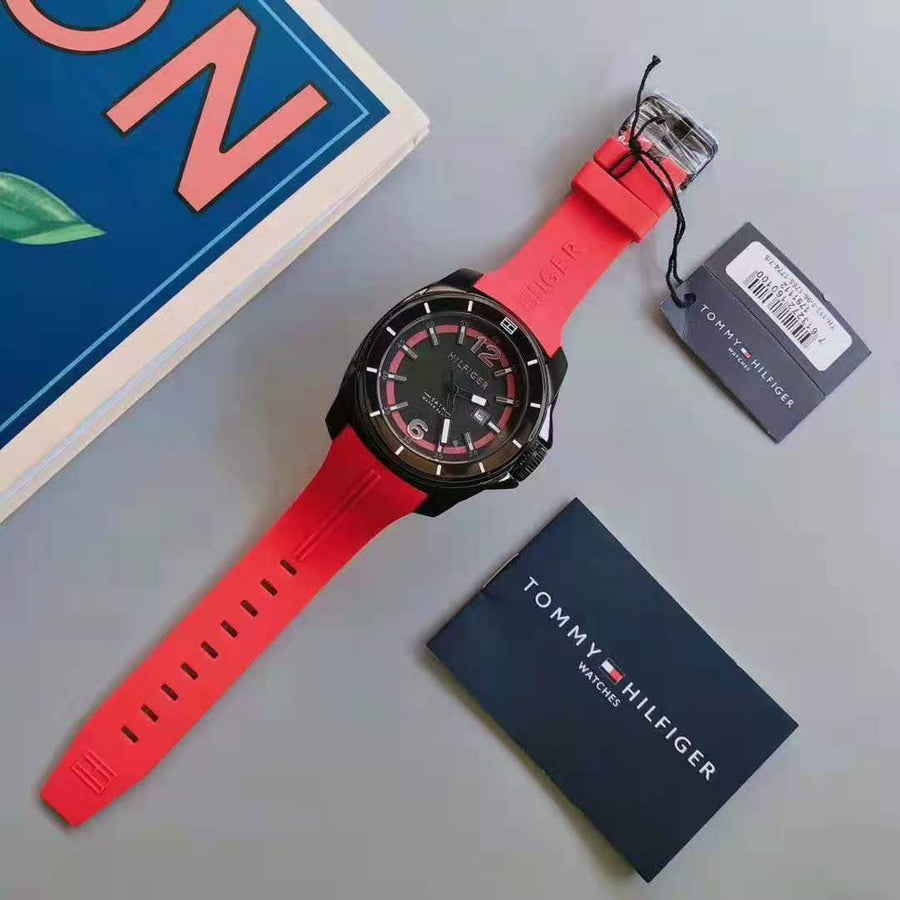 Tommy Hilfiger Windsurf Black Dial Red Rubber Strap Watch for Men - 1791112