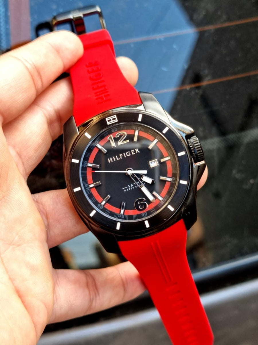Tommy Hilfiger Windsurf Black Dial Red Rubber Strap Watch for Men - 1791112