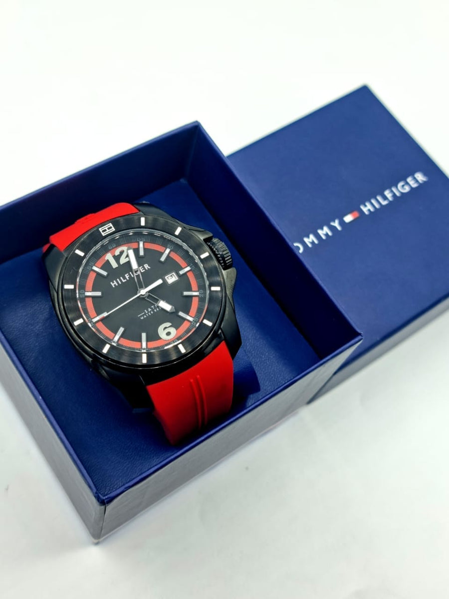 Tommy Hilfiger Windsurf Black Dial Red Rubber Strap Watch for Men - 1791112