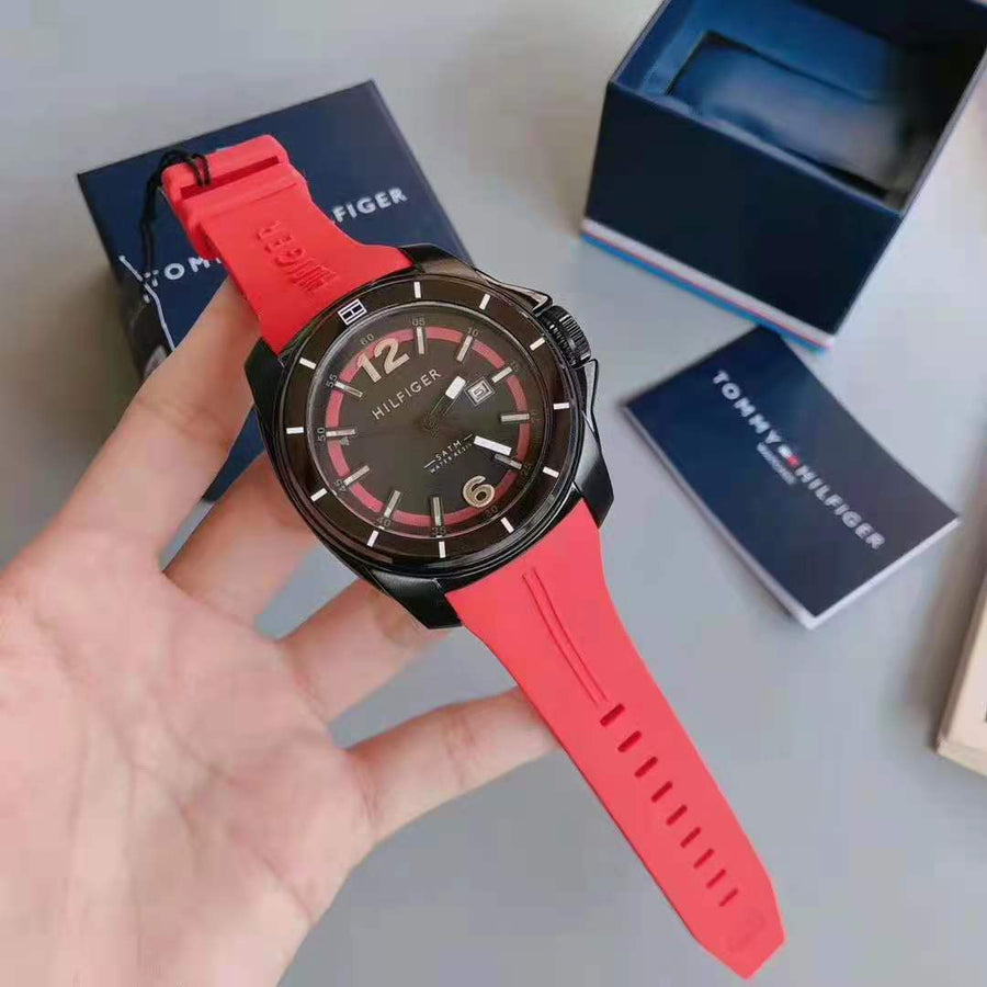 Tommy Hilfiger Windsurf Black Dial Red Rubber Strap Watch for Men - 1791112
