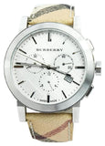 Burberry The City Chronograph White Dial Haymarket Leather Strap Watch For Men - BU9360