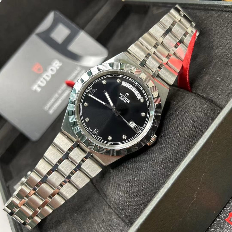 Tudor Royal Automatic Diamonds Black Dial Silver Steel Strap Watch for Men - M28600-0004