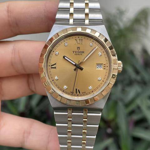 Tudor Royal Automatic Diamonds Gold Dial Two Tone Steel Strap Watch for Men - M28603-0006