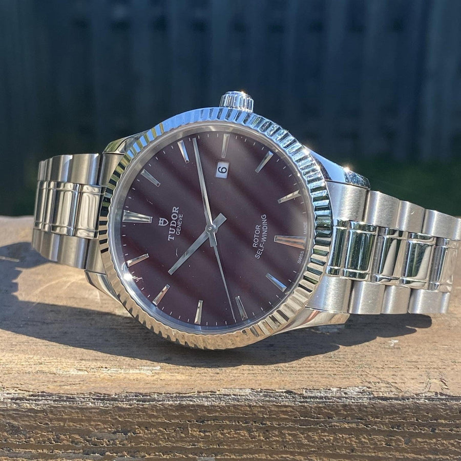 Tudor Style Automatic Burgundy Red Dial Silver Steel Strap Watch for Men - M12710-0015