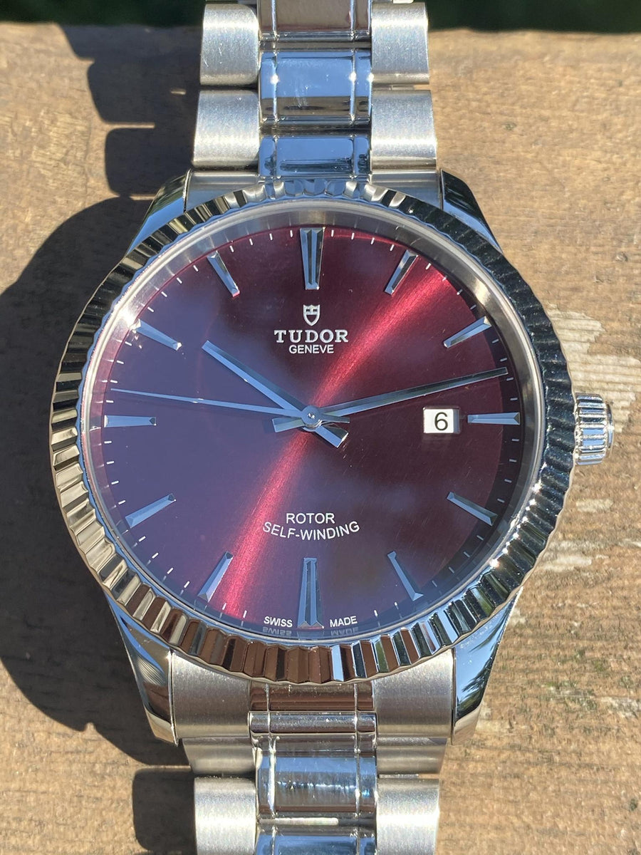 Tudor Style Automatic Burgundy Red Dial Silver Steel Strap Watch for Men - M12710-0015