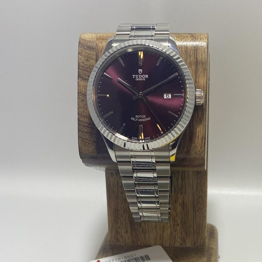 Tudor Style Automatic Burgundy Red Dial Silver Steel Strap Watch for Men - M12710-0015