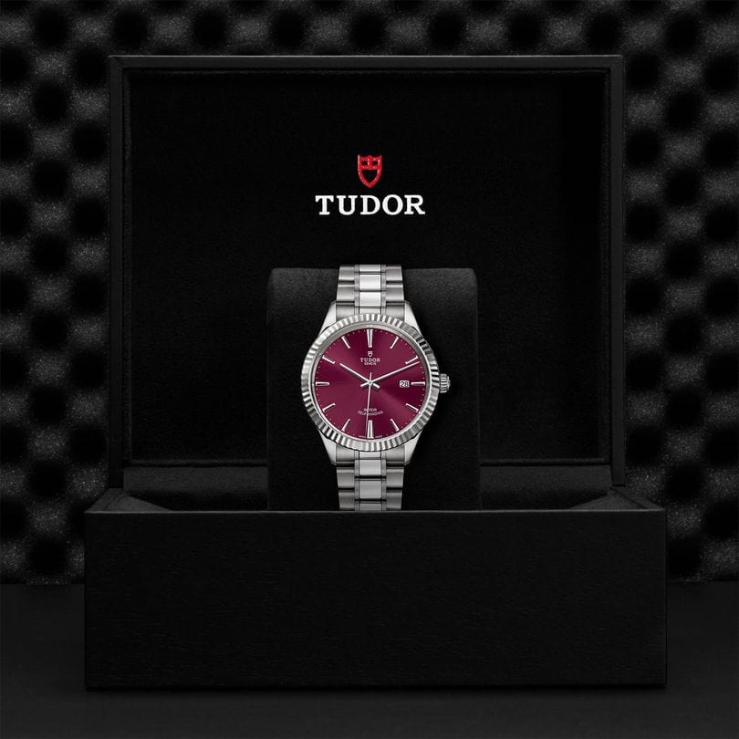 Tudor Style Automatic Burgundy Red Dial Silver Steel Strap Watch for Men - M12710-0015