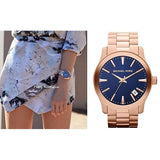 Michael Kors Runway Blue Dial Rose Gold Stainless Steel Strap Watch for Women - MK7065