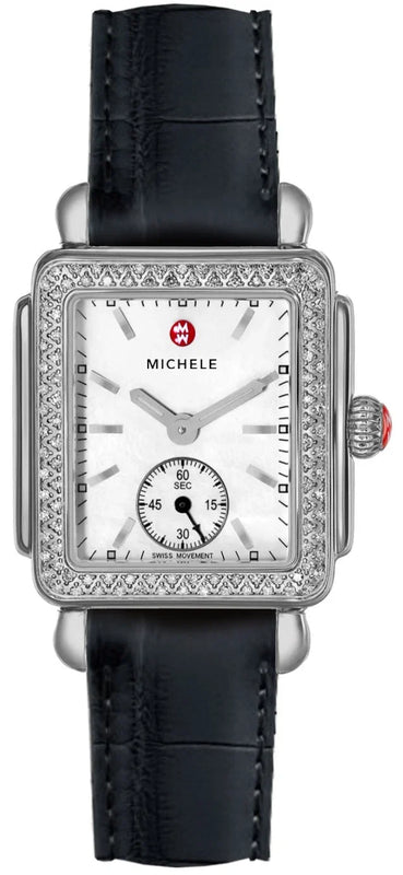 Michele Deco Mother of Pearl Dial Black Leather Strap Watch For Women - MWW06V000005