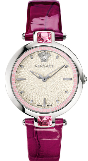 Versace Olympo Crystal Gleam White Dial Purple Leather Strap Watch for Women - VAN010016