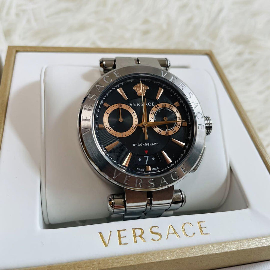 Versace Aion Chronograph Black Dial Silver Steel Strap Watch For Men - VE1D01019