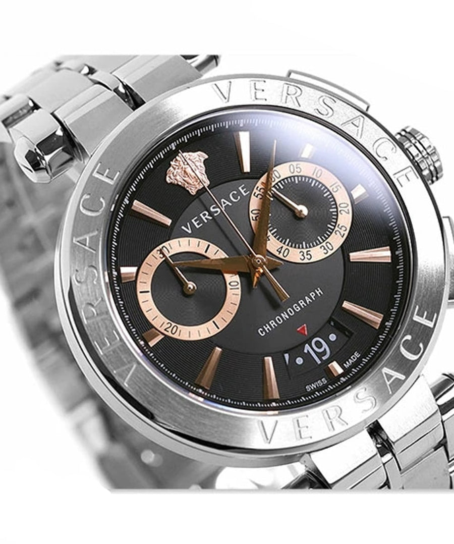 Versace Aion Chronograph Black Dial Silver Steel Strap Watch For Men - VE1D01019