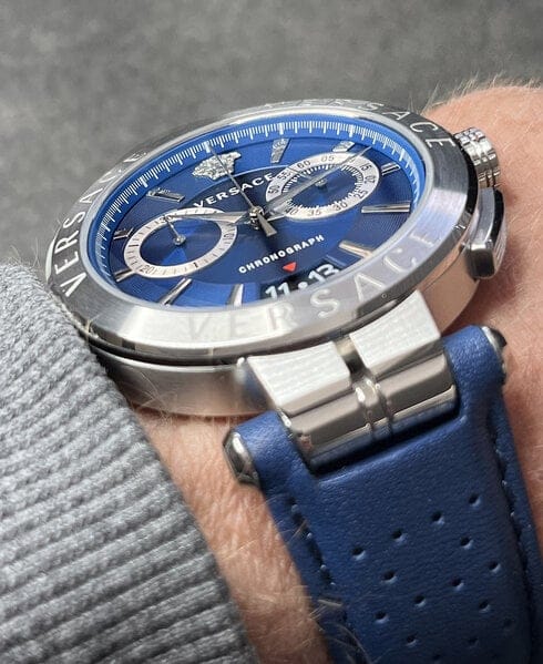 Versace Aion Chronograph Blue Dial Blue Leather Strap Watch for Men - VE1D01220