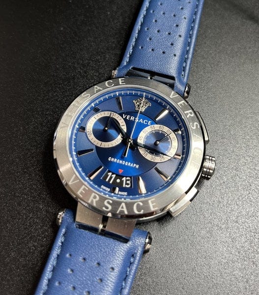 Versace Aion Chronograph Blue Dial Blue Leather Strap Watch for Men - VE1D01220