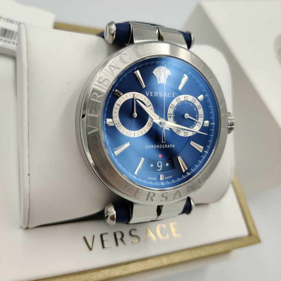 Versace Aion Chronograph Blue Dial Blue Leather Strap Watch for Men - VE1D01220