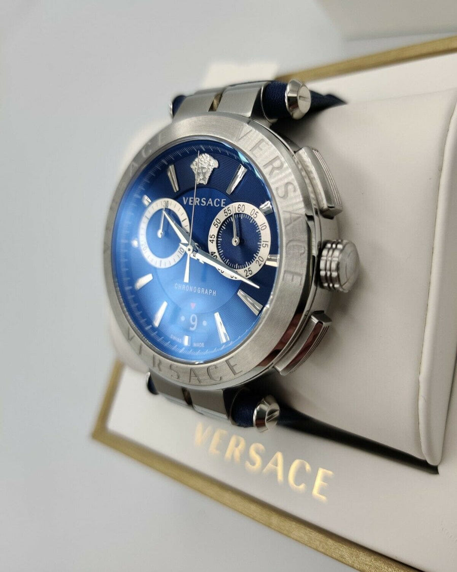 Versace Aion Chronograph Blue Dial Blue Leather Strap Watch for Men - VE1D01220