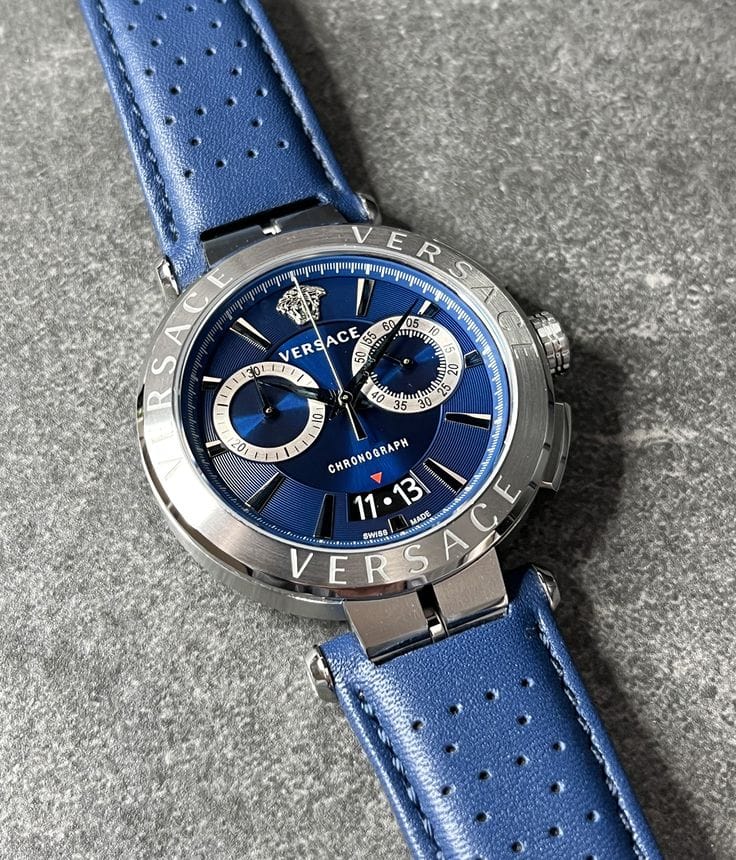 Versace Aion Chronograph Blue Dial Blue Leather Strap Watch for Men - VE1D01220