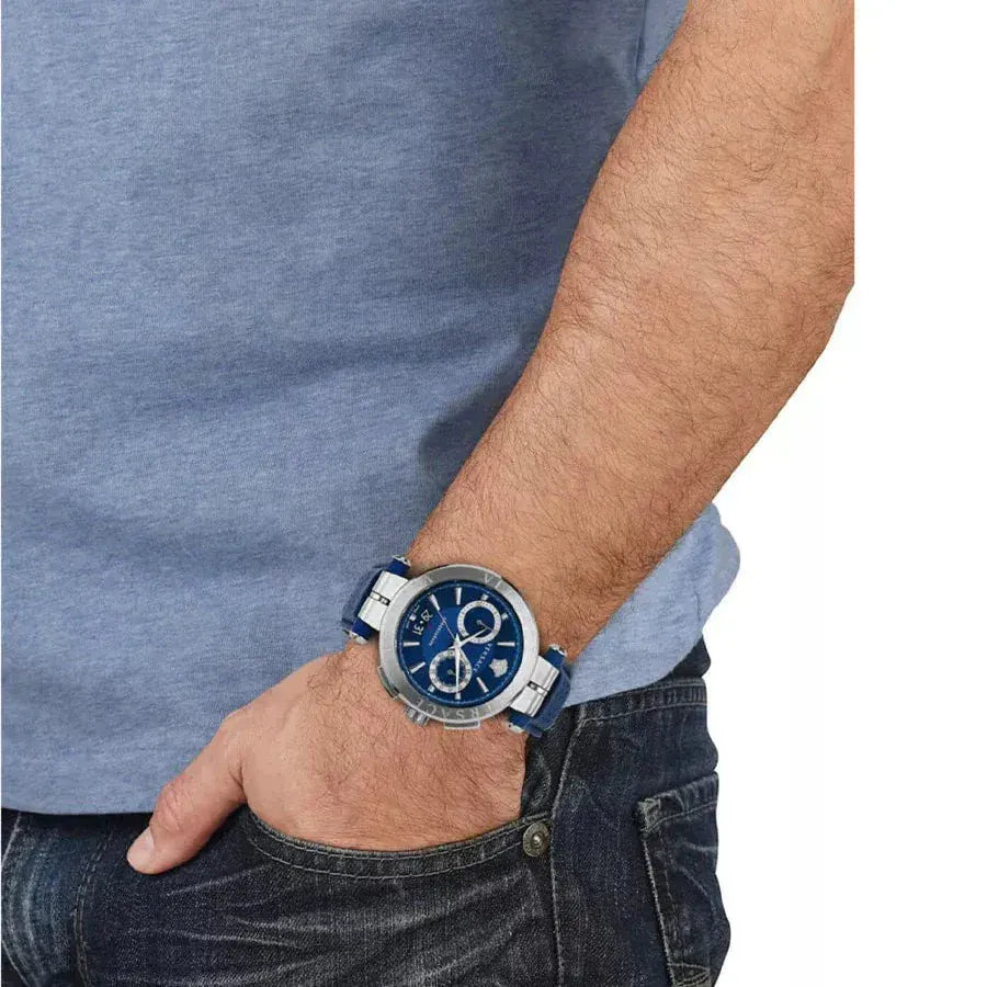 Versace Aion Chronograph Blue Dial Blue Leather Strap Watch for Men - VE1D01220