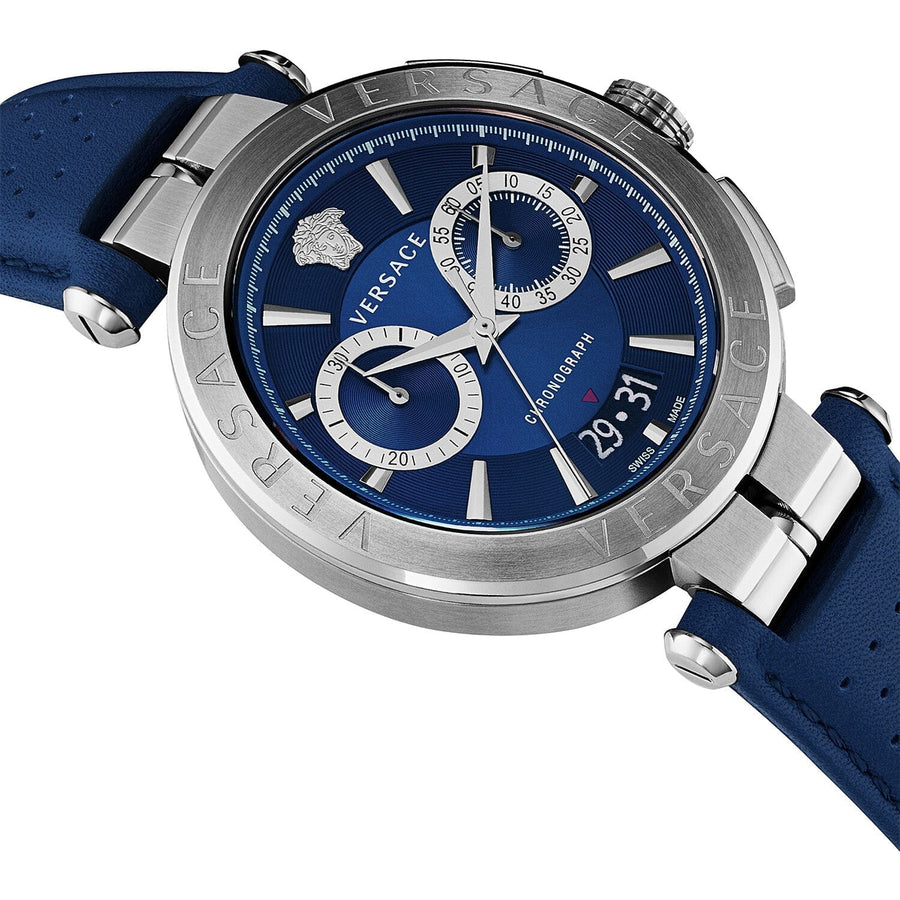 Versace Aion Chronograph Blue Dial Blue Leather Strap Watch for Men - VE1D01220