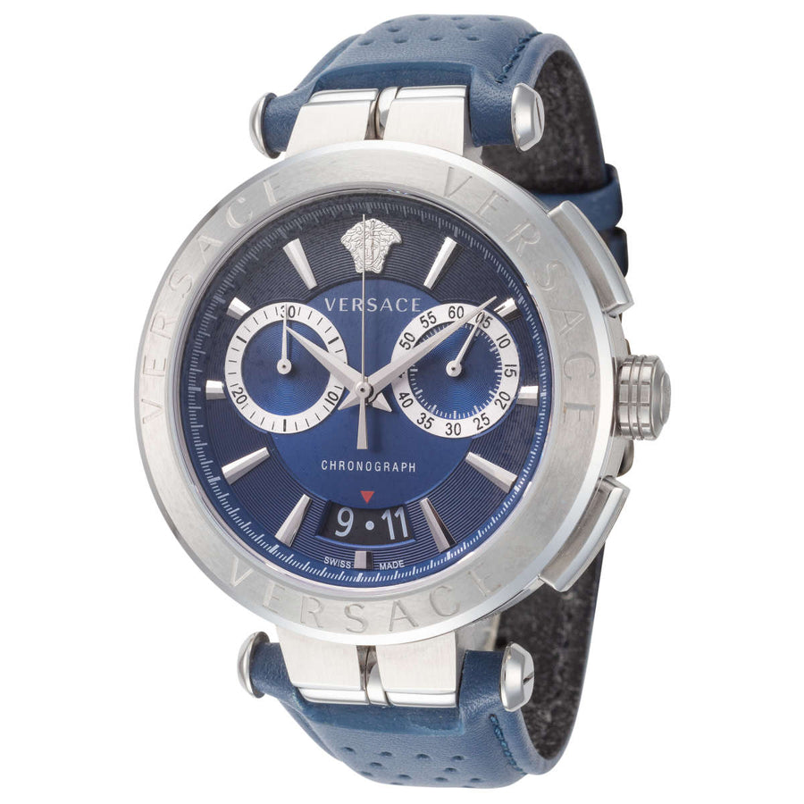 Versace Aion Chronograph Blue Dial Blue Leather Strap Watch for Men - VE1D01220