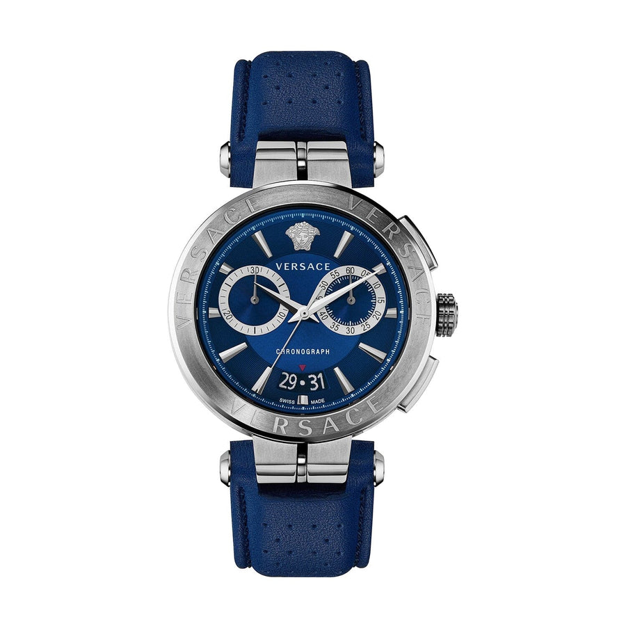 Versace Aion Chronograph Blue Dial Blue Leather Strap Watch for Men - VE1D01220