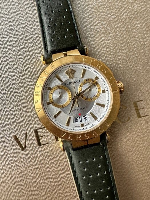 Versace Aion Chronograph White Dial Green Leather Strap Watch for Men - VBR020017