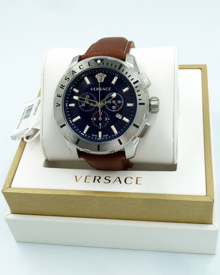 Versace Casual Chronograph Blue Dial Brown Leather Strap Watch for Men - VERG002-18