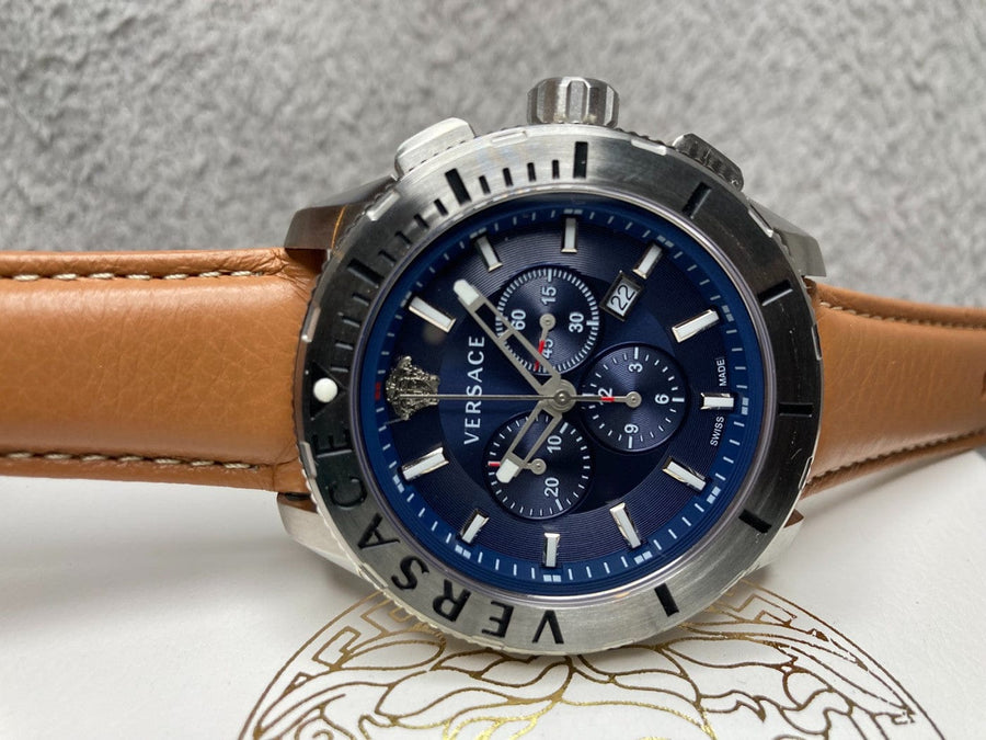 Versace Casual Chronograph Blue Dial Brown Leather Strap Watch for Men - VERG002-18