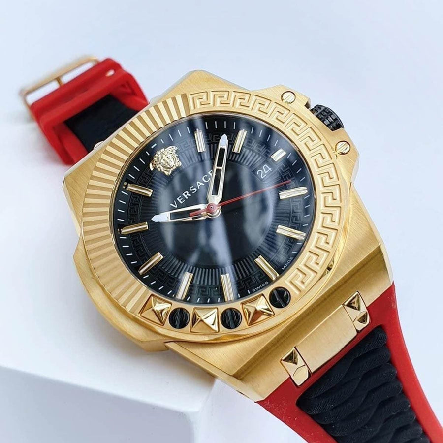 Versace Chain Reaction Quartz Black Dial Red & Black Rubber Strap Watch for Men - VEDY00319