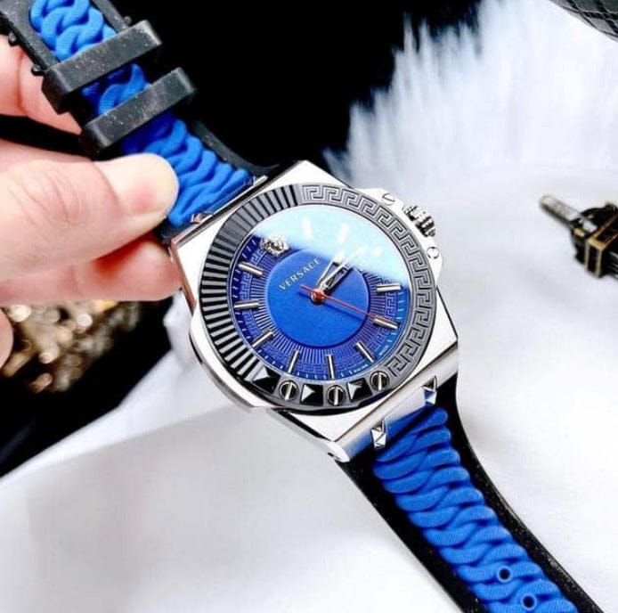 Versace Chain Reaction Quartz Blue Dial Blue & Black Leather Strap Watch for Men - VEDY00119